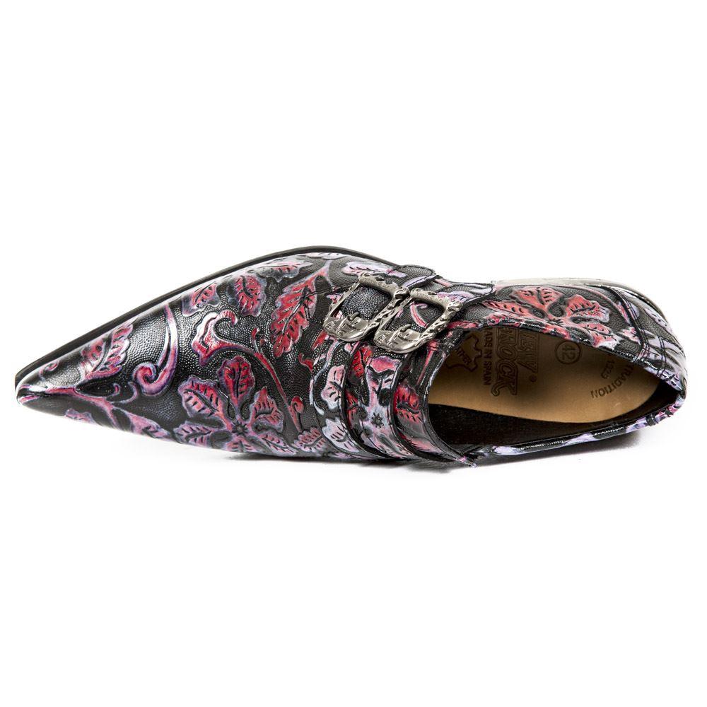 New Rock 7960-s6 Shoe Embossed Vintage Black Red Leather Buckle Steel Heel Shoes - Knighthood Store