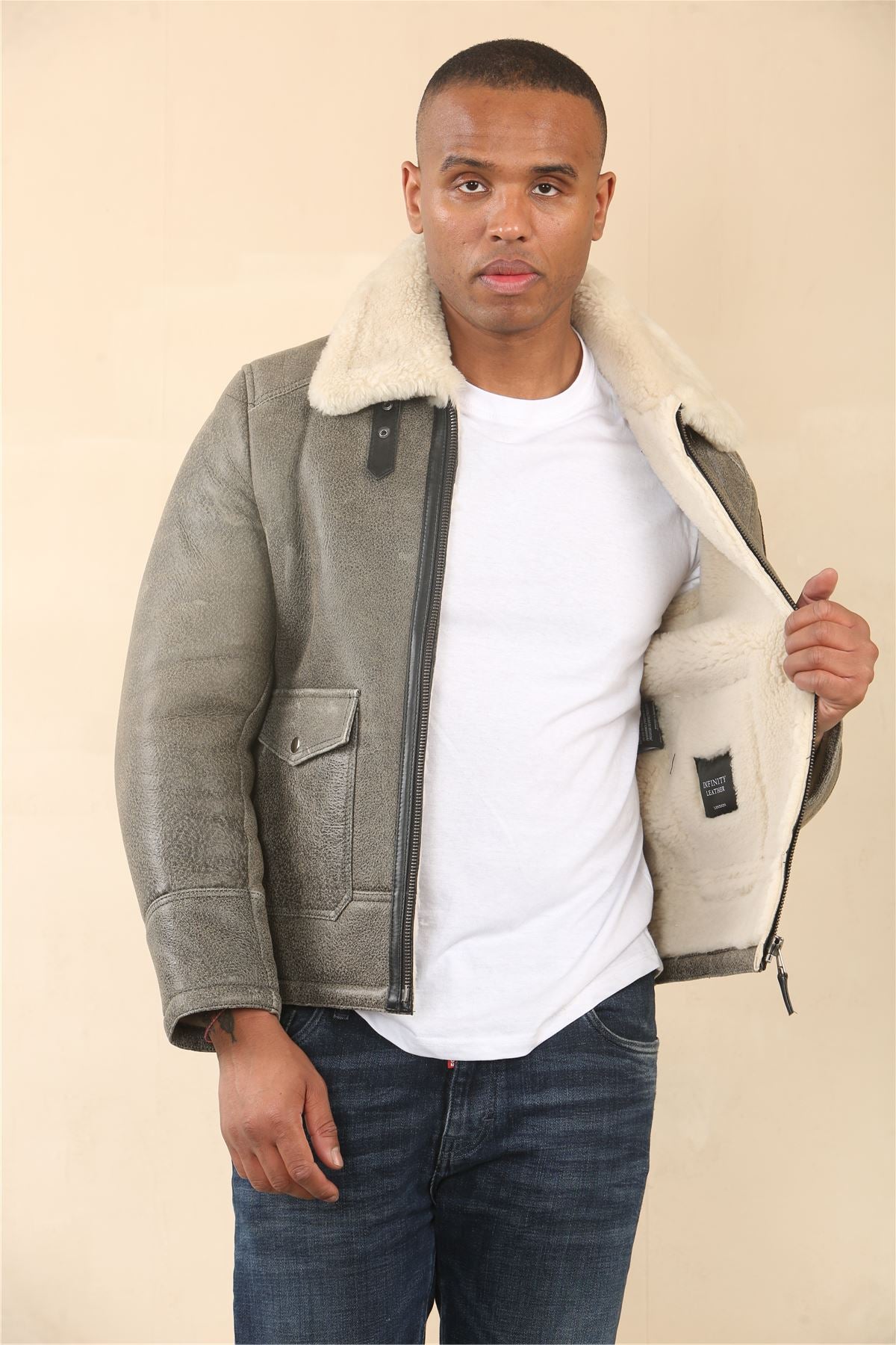 Men's Grey B3 Shearling Aviator Sheepskin Jacket