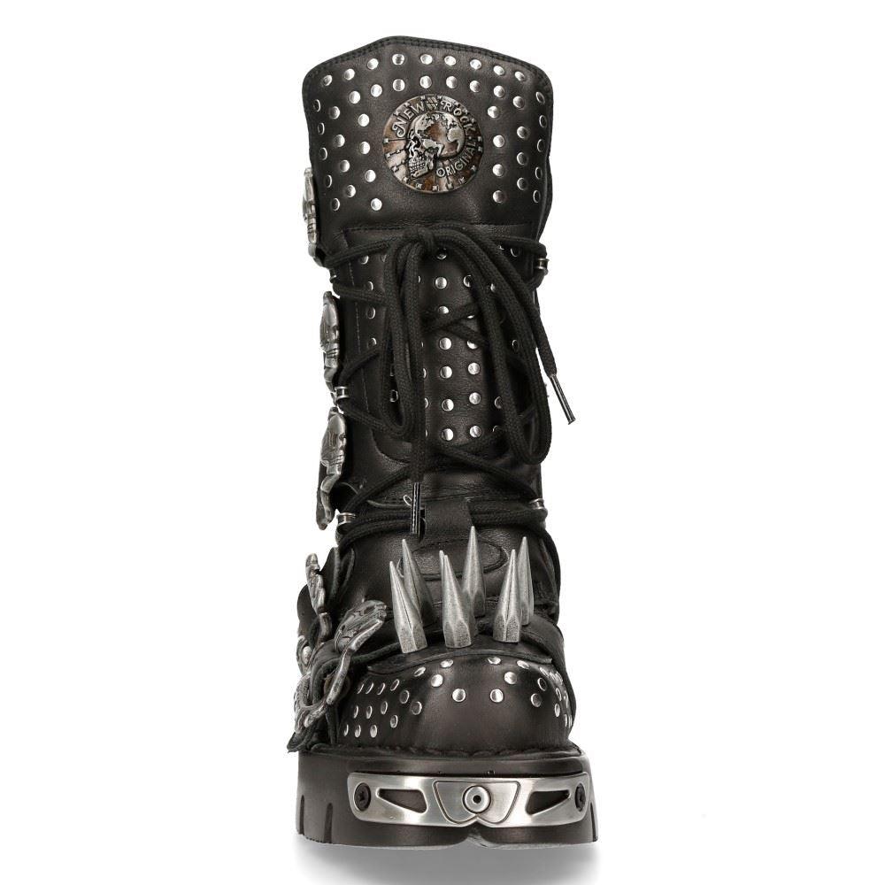 New Rock 1535-S1 Black Leather Military High Boots Metal Spikes Buckles Punk EMO - Knighthood Store
