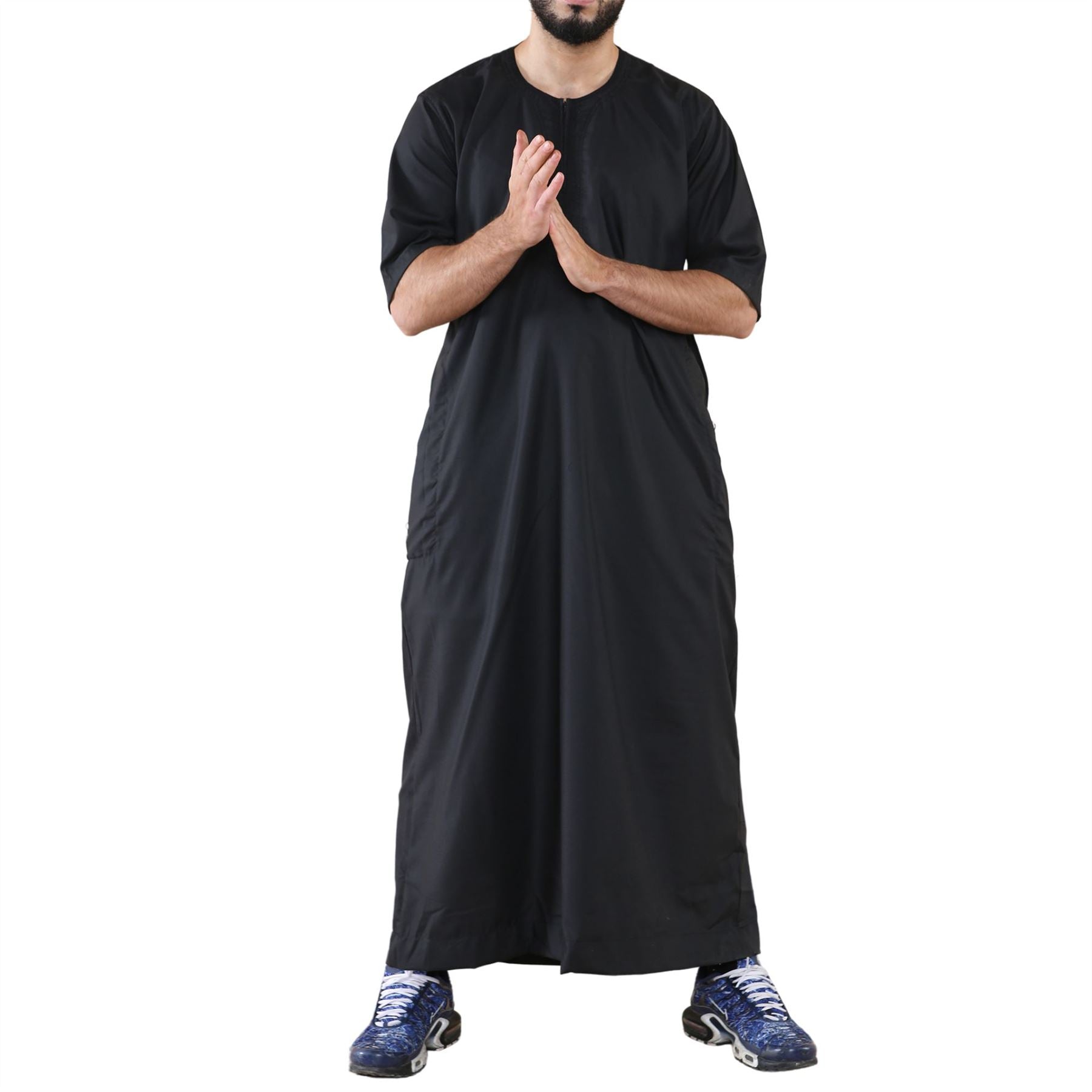 Mens Thobe Jubba Islamic Clothing Kaftan Half Sleeve Robe Moroccan Arab Zipped