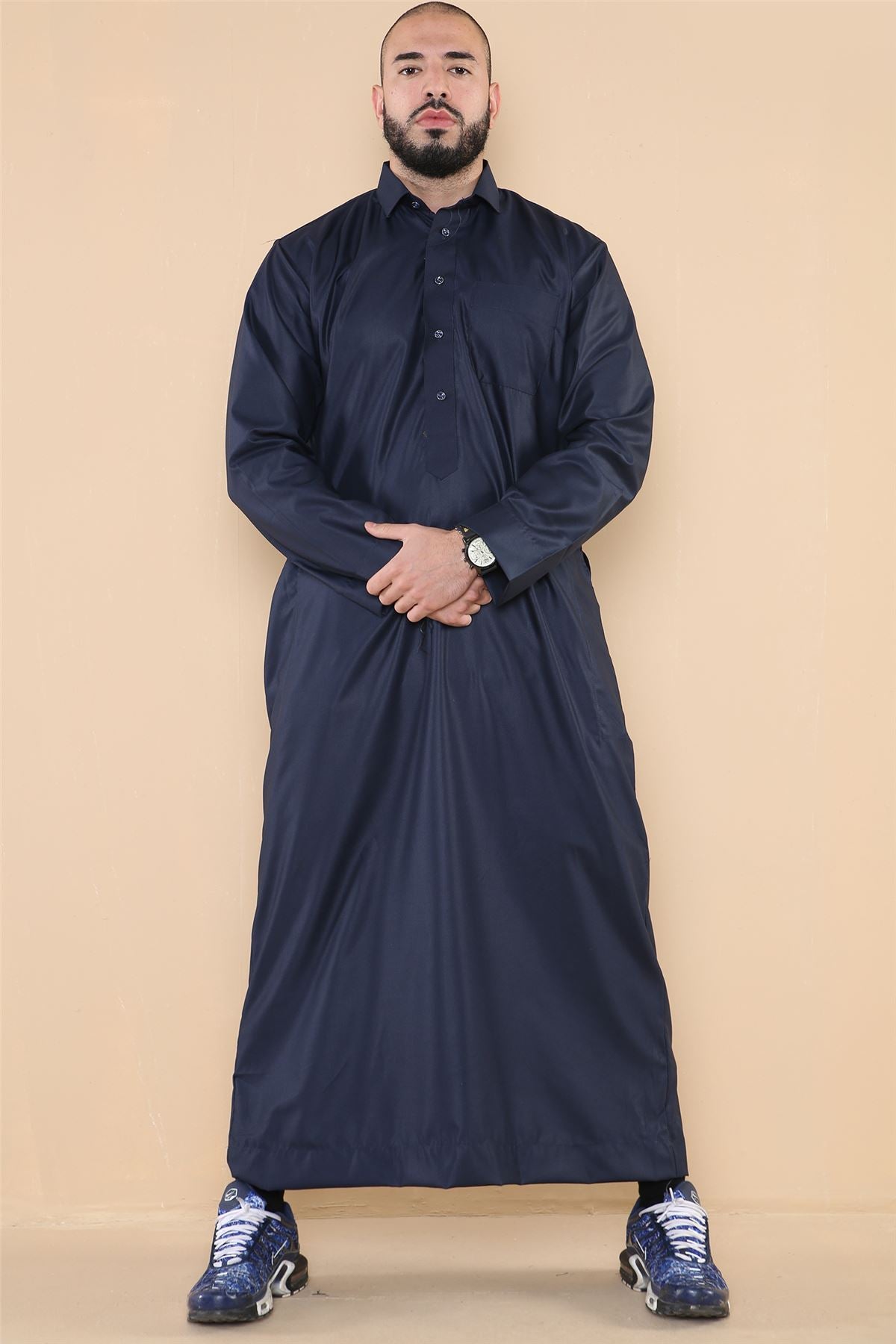 Mens Thobe Jubba Turn Down Collar Islamic Muslim Cotton Kaftan Dress Robe Arabic