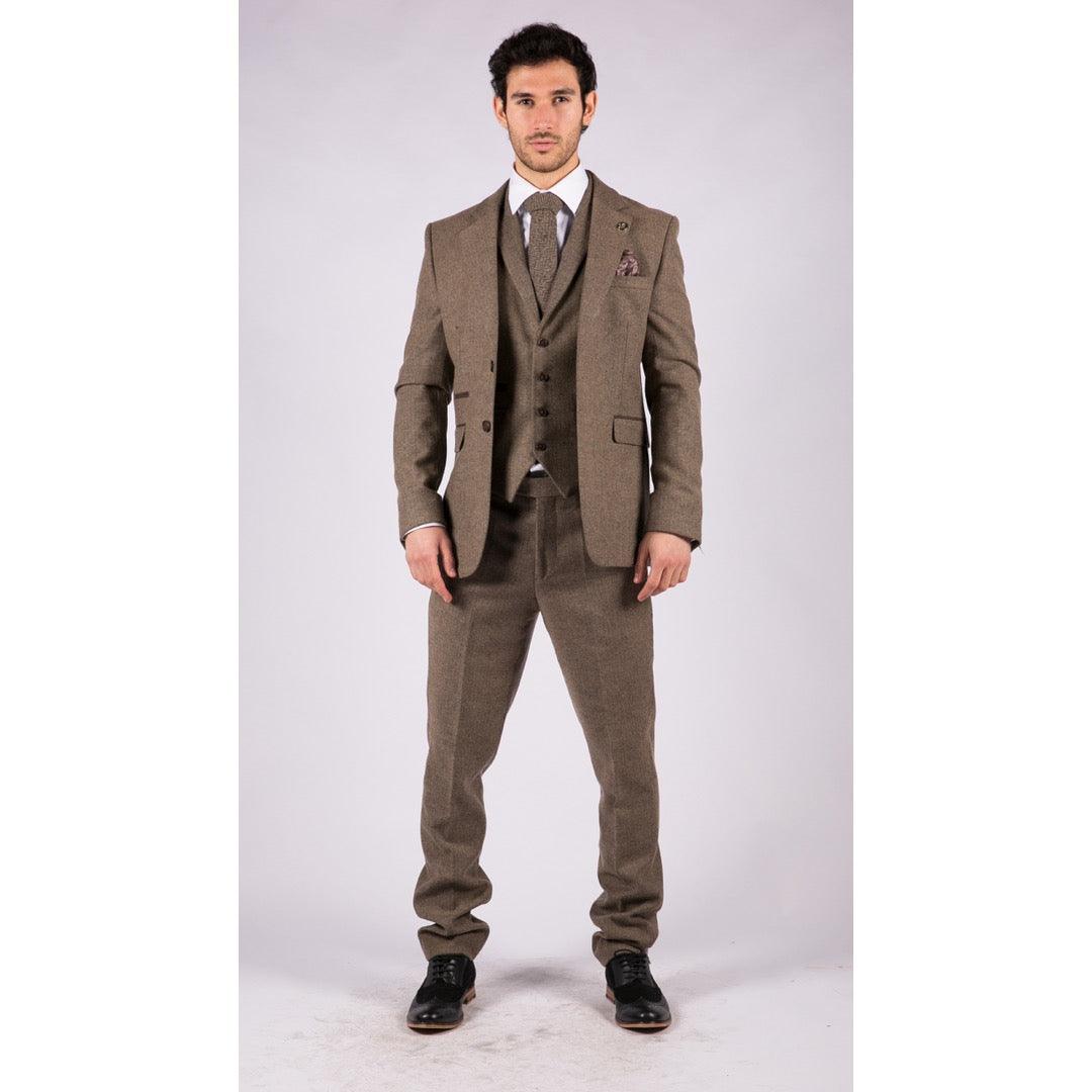 Mens Oak 3 Piece Tweed Suit Herringbone Wool Vintage Retro Fit - Knighthood Store