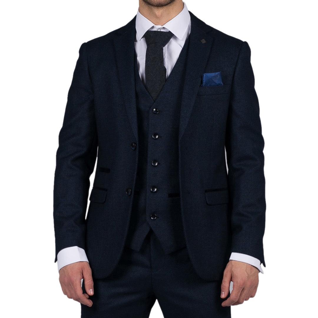 Mens Navy Blue 3 Piece Suit Birdseye Suit Wedding Prom Formal Smart Classic - Knighthood Store