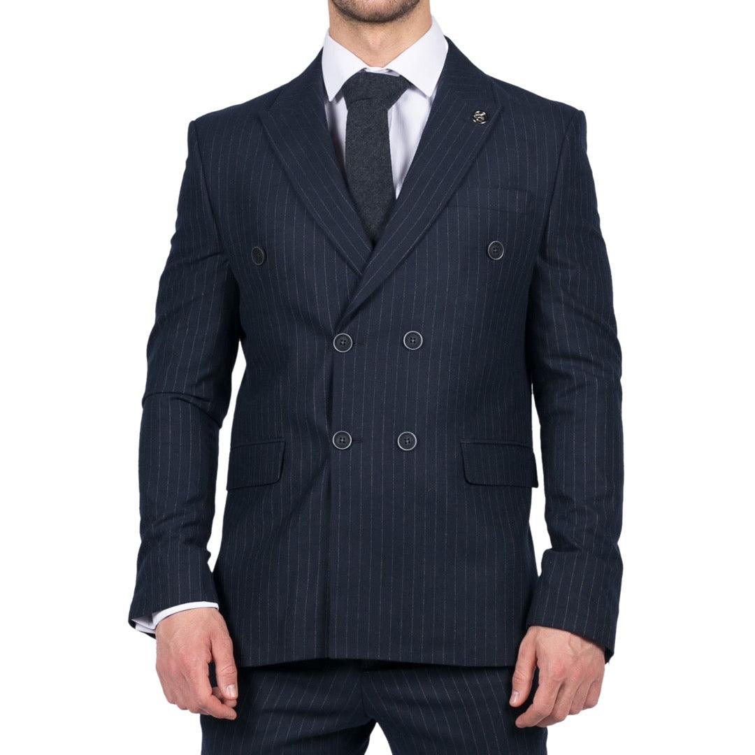 Mens Double Breasted Suit Navy Pinstripe 1920s Mafia Gangster Blinders Wedding - Knighthood Store