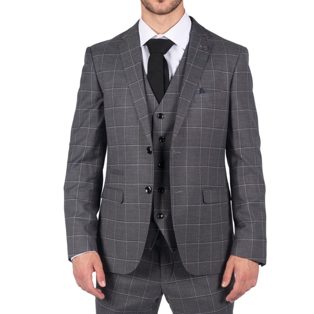 Mens Grey Check 3 Piece Suit Vintage Retro Smart Wedding Classic Tailored Fit Light - Knighthood Store