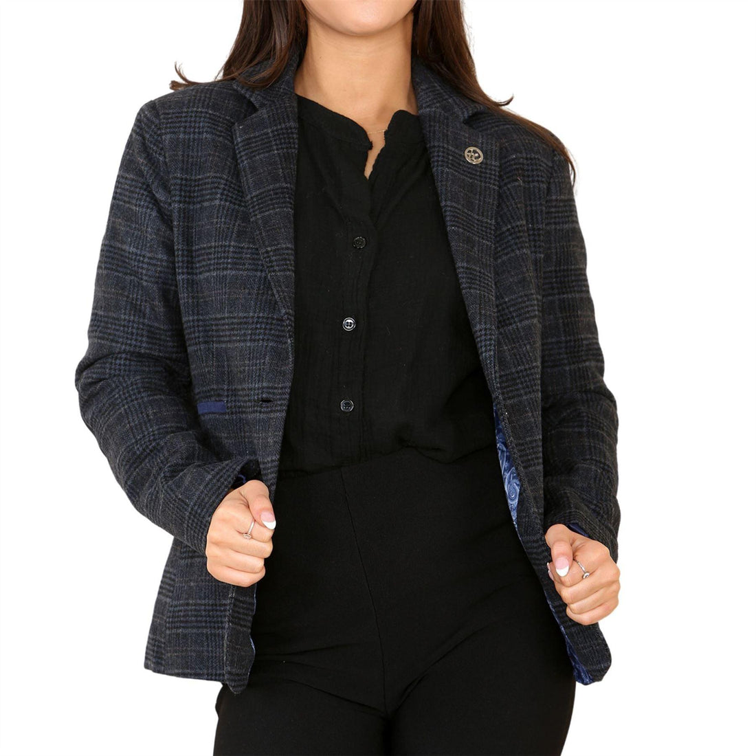 Womens Tweed Check Waistcoat Blazer Suit Navy Blue Classic Vintage Elboy Patch 1920s - Knighthood Store