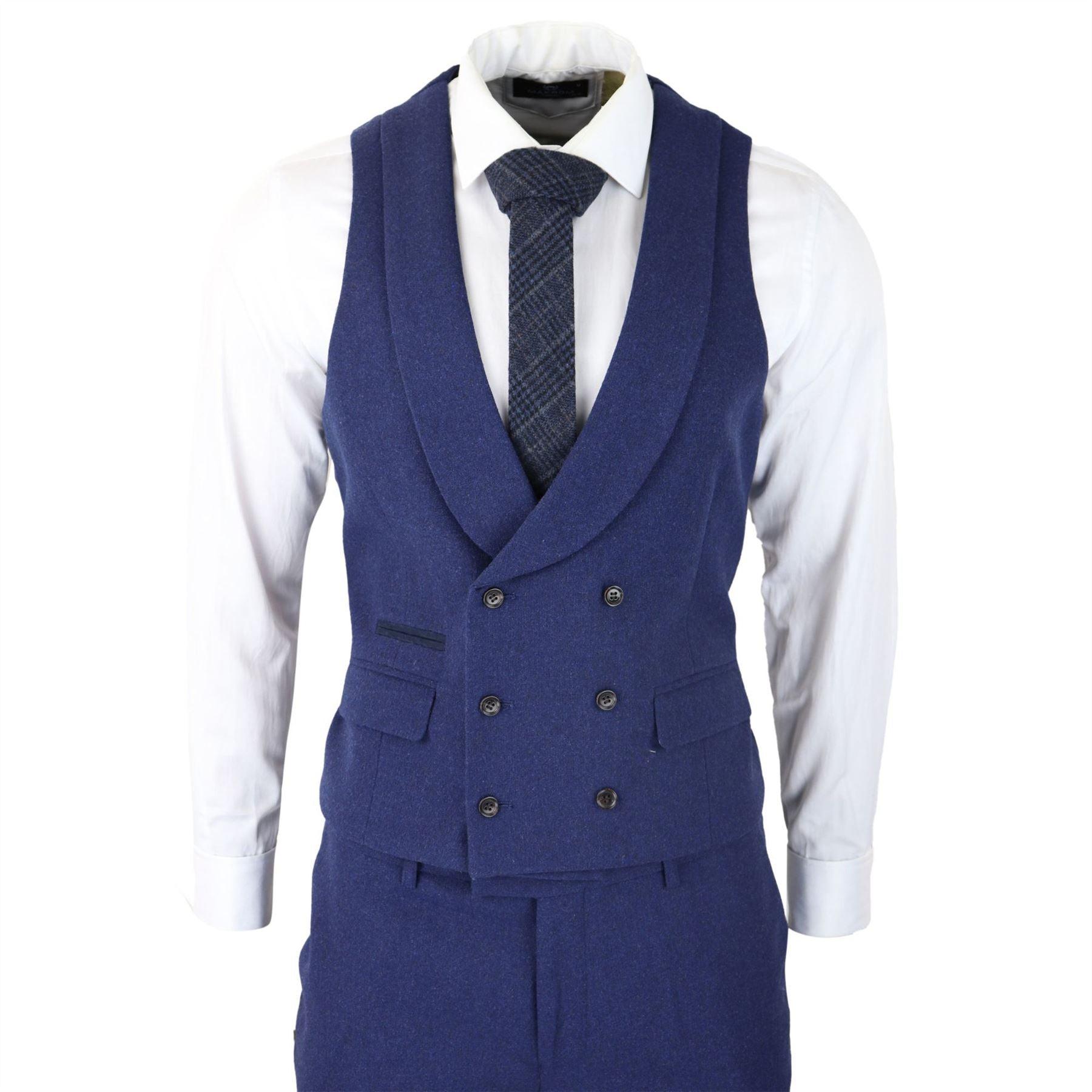 Mens Wool 3 Piece Blue Suit Double Breasted Waistcoat Wedding Party Vintage 1920s - Knighthood Store