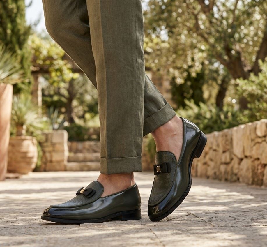 Men’s Formal Dress Loafers Patent PU Leather Textured Front Iconic Buckle Bow Modern Slip-On Shoes