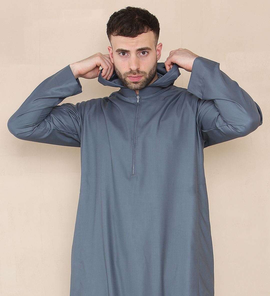 Mens Hooded Thobe Hood Jubba Nehru Stand Collar Islamic Clothing Muslim Kaftan Robe Saudi Slim Regular Fit