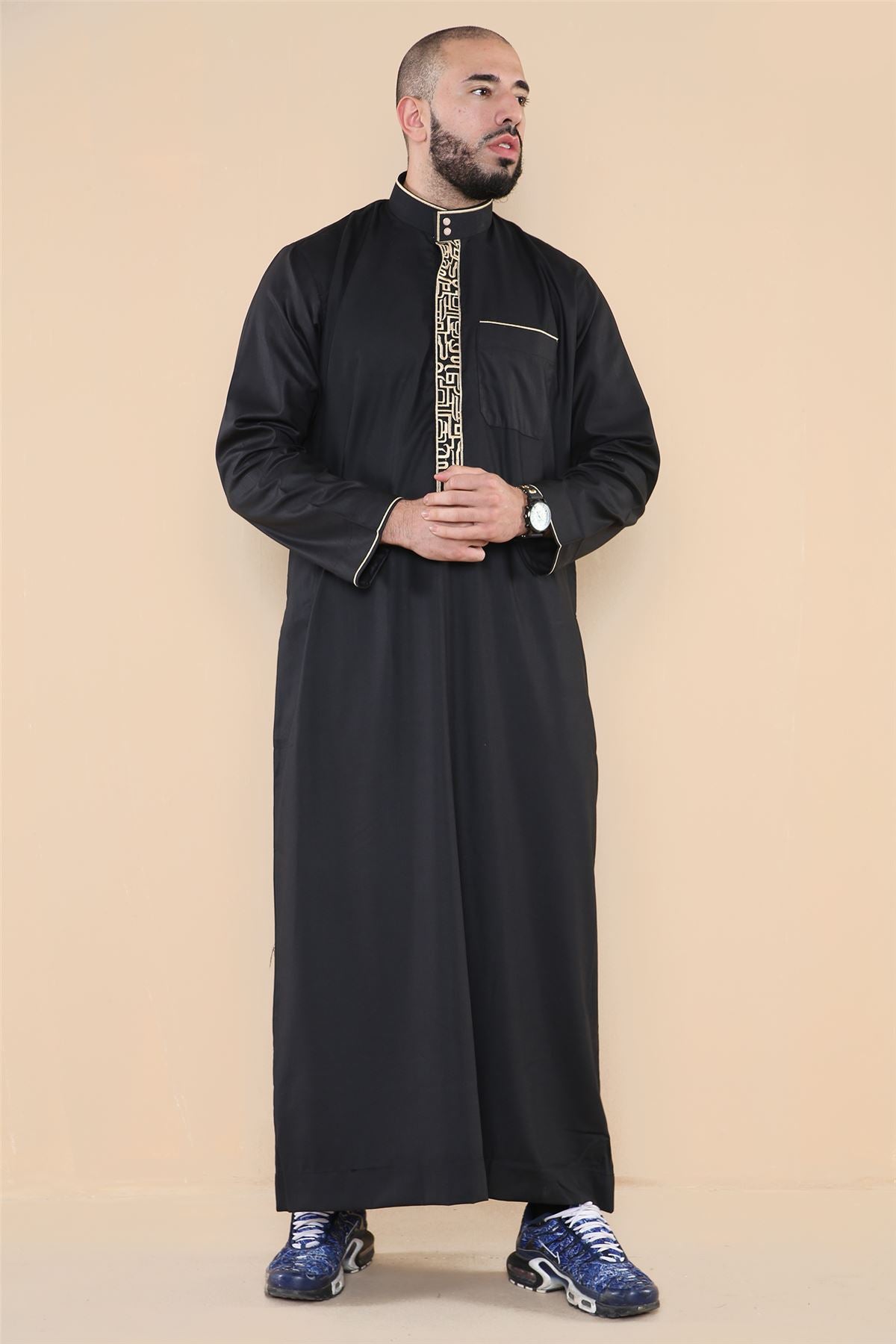 Mens Thobe Jubba Nehru Stand Collar Islamic Clothing Muslim Cotton Kaftan Embroidery Eid Robe Saudi