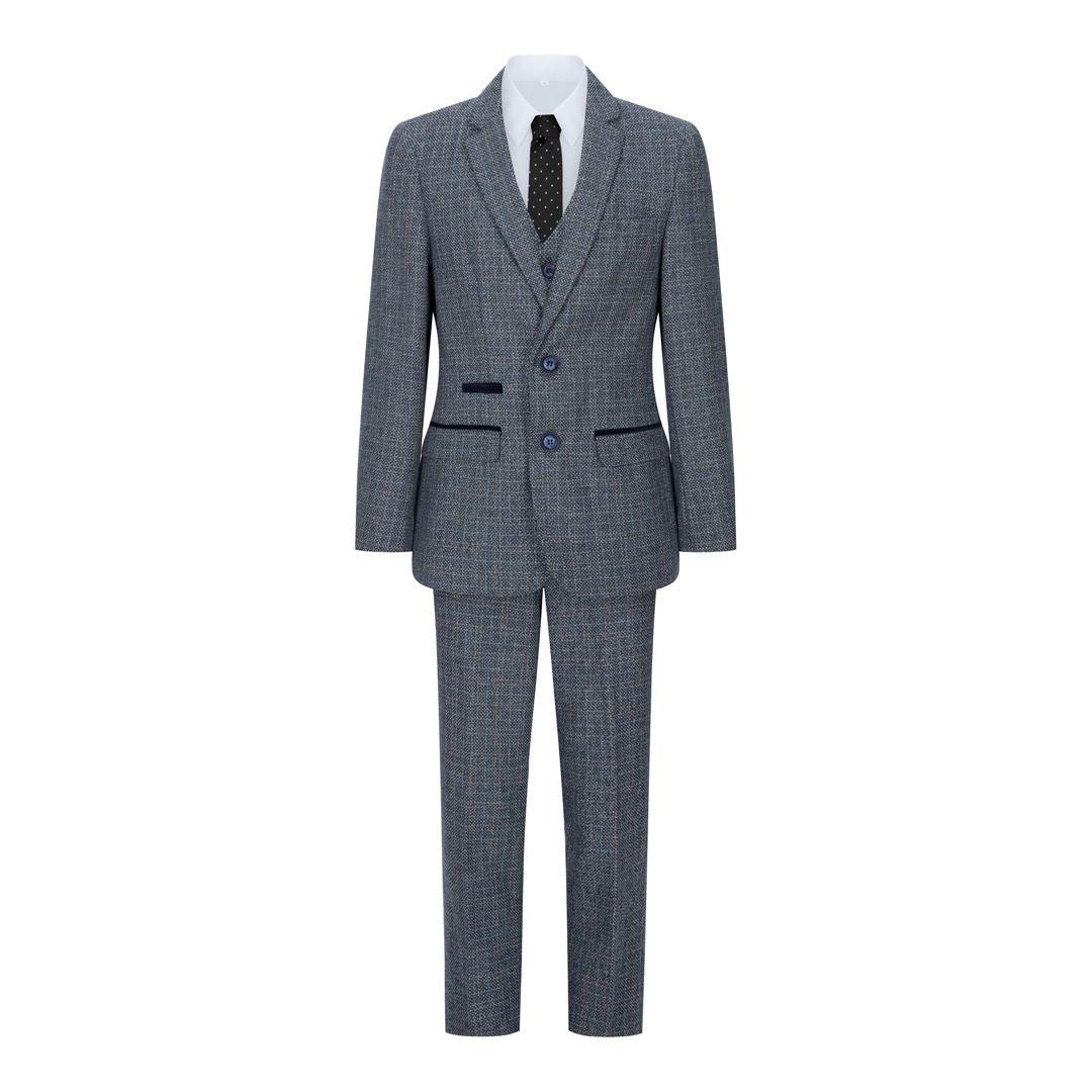 Boys 3 Piece Suit Navy Blue Tweed Check Vintage Retro Tailored Fit 1920s - Knighthood Store