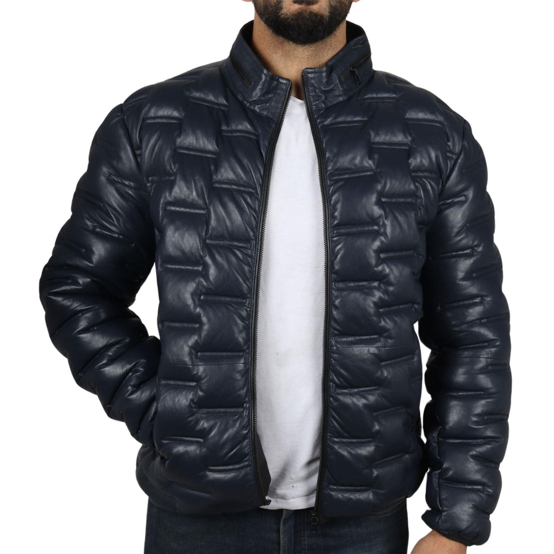 Men's Puffer Quilted Real Leather Jacket Casual Waist Length - Knighthood Store