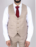 Men's Beige Suit Prince Of Wales Check Tailored Fit 3 Piece Formal Dress - Knighthood Store