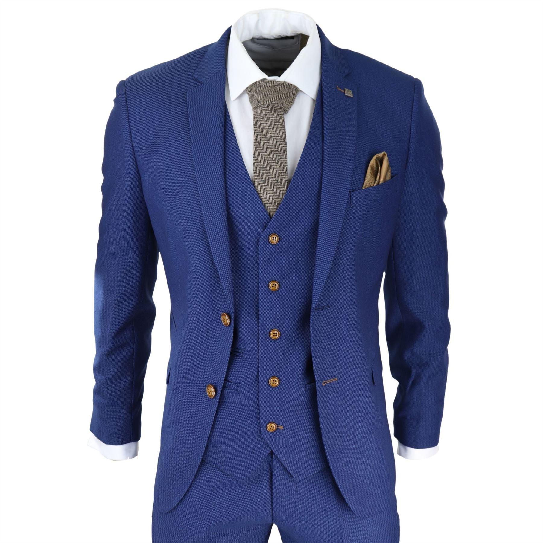 Mens 3 Piece Royal Blue Tailored Fit Complete Suit Best Man Groom