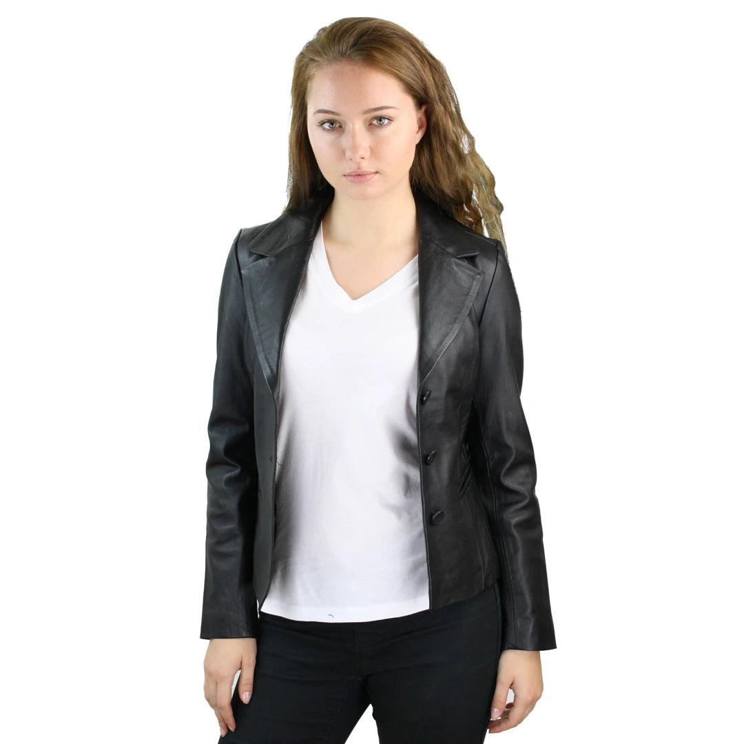 Ladies 100% Leather Jacket Blazer Style Slim Fit Retro 3 button blazer - Knighthood Store
