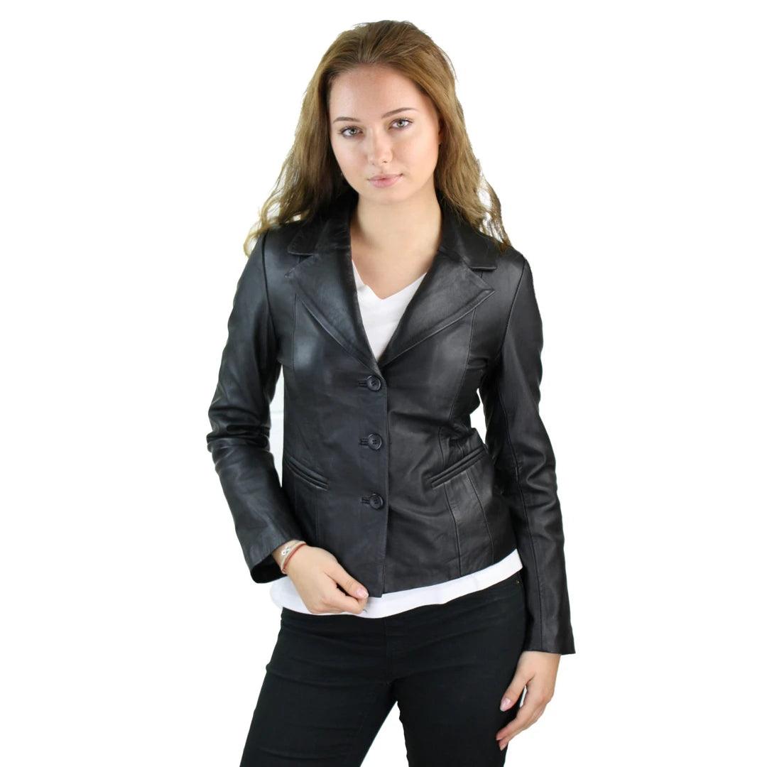 Ladies 100% Leather Jacket Blazer Style Slim Fit Retro 3 button blazer - Knighthood Store