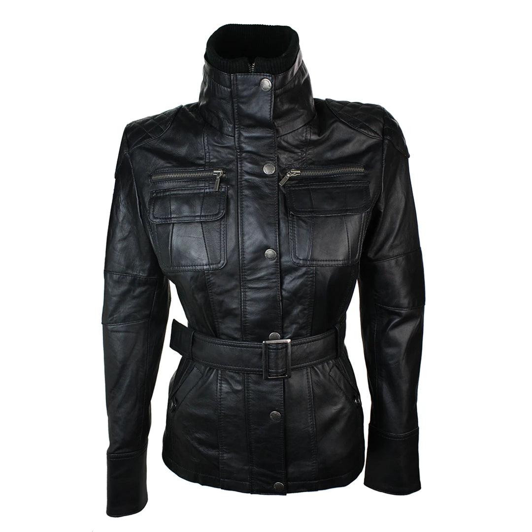 Ladies Women 100% Black Leather Jacket Coat Military Chinese Collar Vintage Slim - Knighthood Store