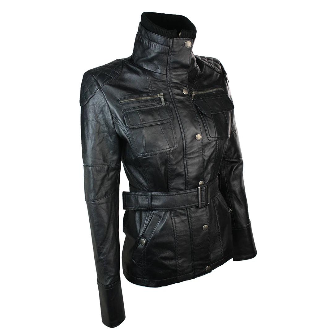 Ladies Women 100% Black Leather Jacket Coat Military Chinese Collar Vintage Slim - Knighthood Store