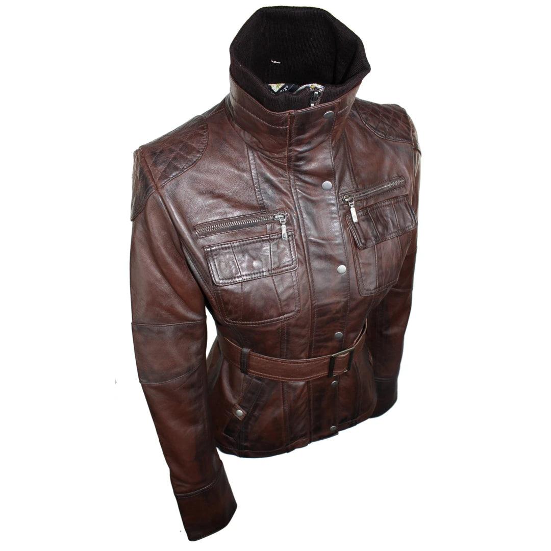 Ladies Women 100% Black Leather Jacket Coat Military Chinese Collar Vintage Slim - Knighthood Store