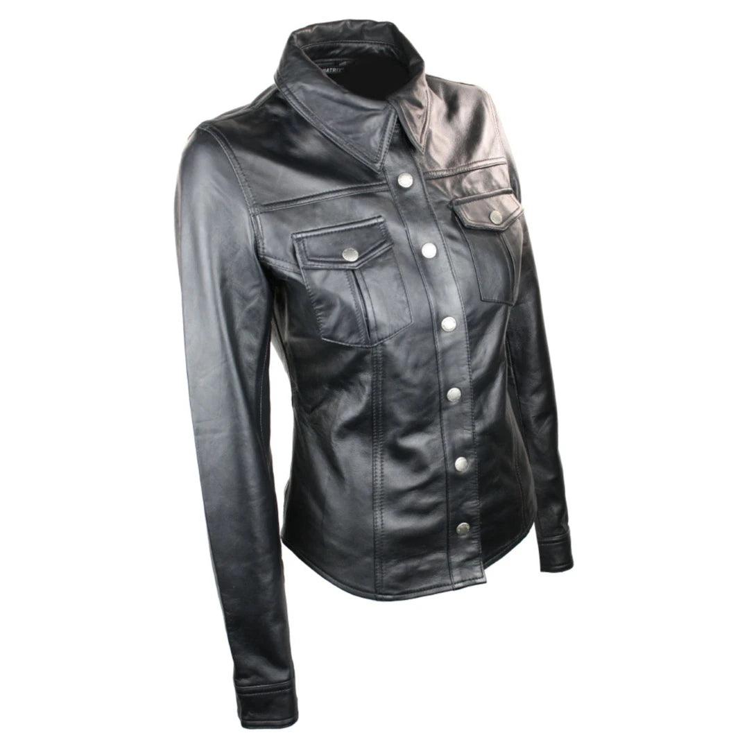 Ladies 100% Leather Jacket Shirt Style Black Short Fitted Retro - Knighthood Store