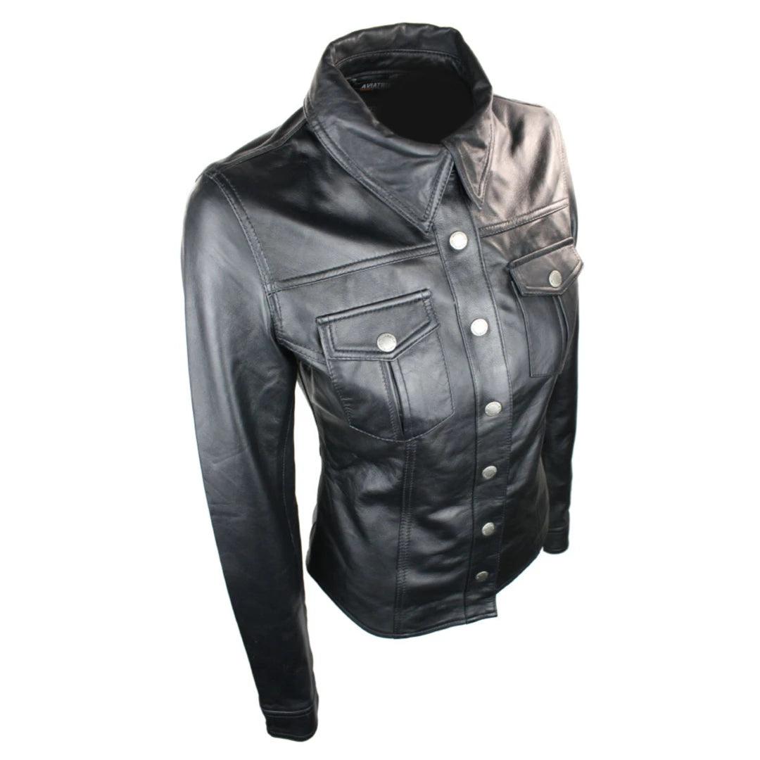 Ladies 100% Leather Jacket Shirt Style Black Short Fitted Retro - Knighthood Store