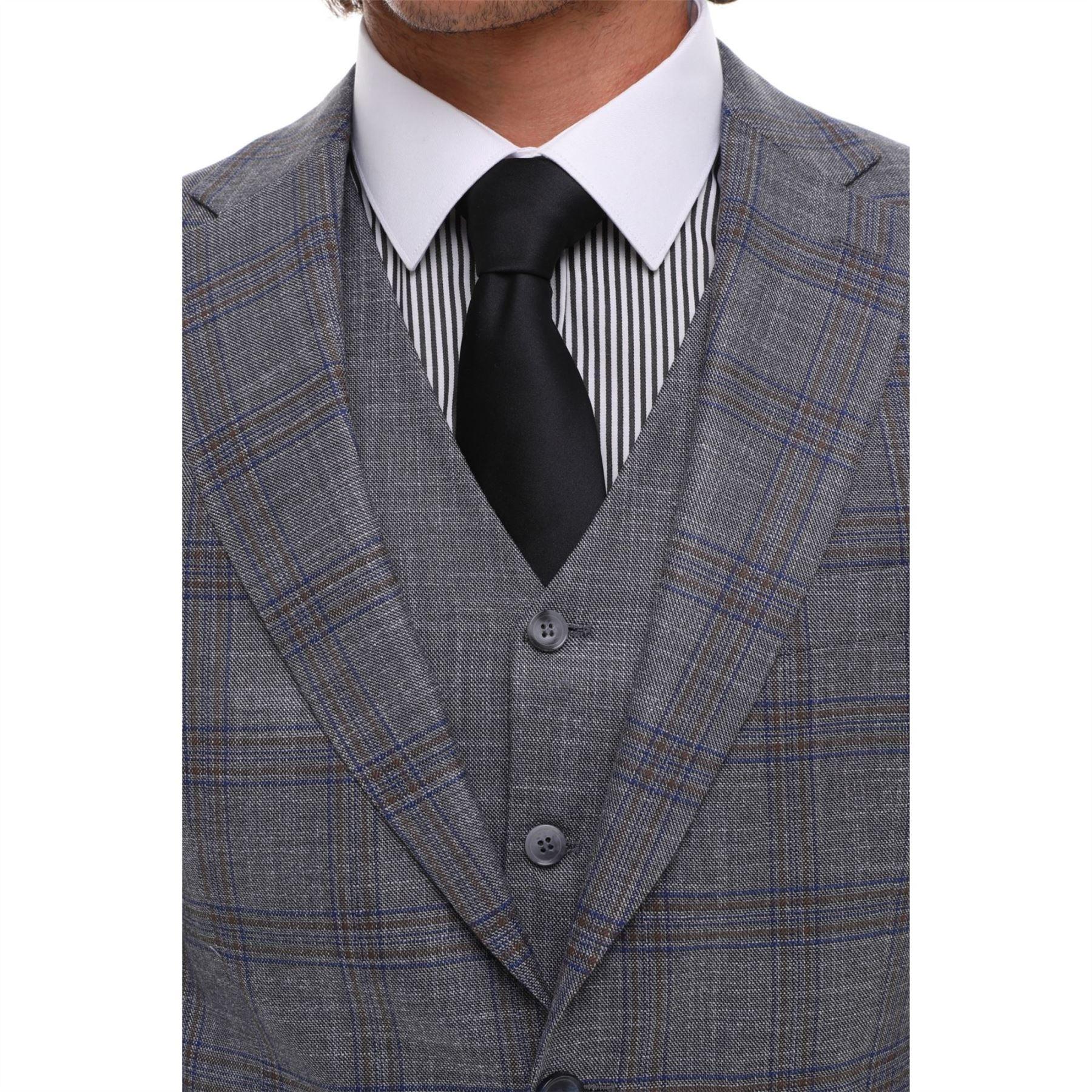 Mens 3 Piece Suit Grey Blue Check Contrasting Waistcoat Trouser Wedding Prom - Knighthood Store