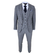 Harris - Men's Grey 3 Piece Herringbone Check Tweed Suit