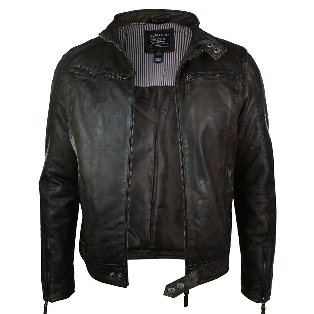 Mens Real Leather Jacket Biker Style Vintage Burgandy Wine Zip Pockets Casual Retro - Knighthood Store