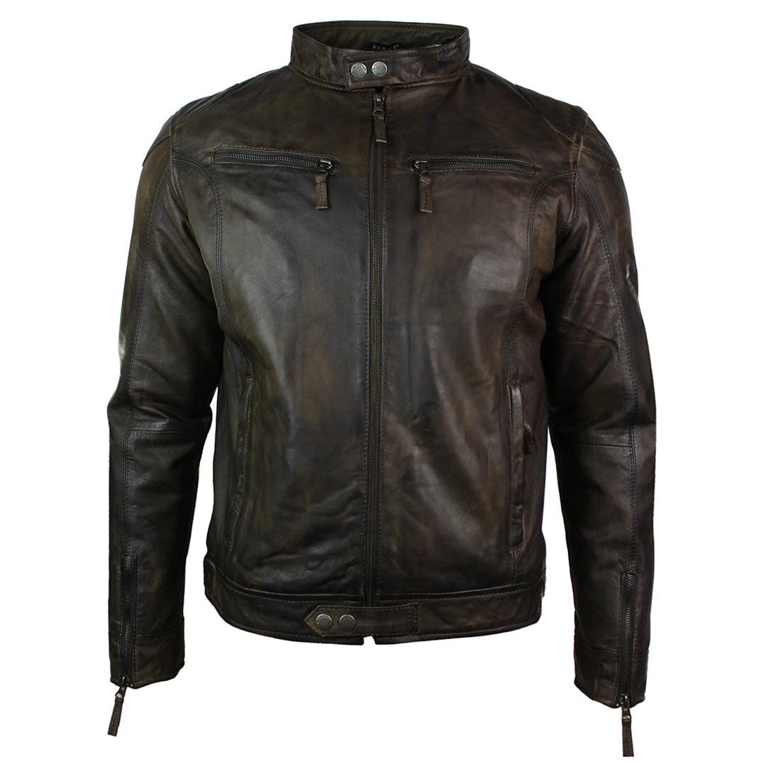 Mens Real Leather Jacket Biker Style Vintage Burgandy Wine Zip Pockets Casual Retro - Knighthood Store