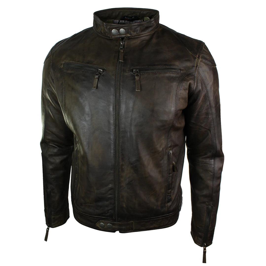 Mens Real Leather Jacket Biker Style Vintage Burgandy Wine Zip Pockets Casual Retro - Knighthood Store