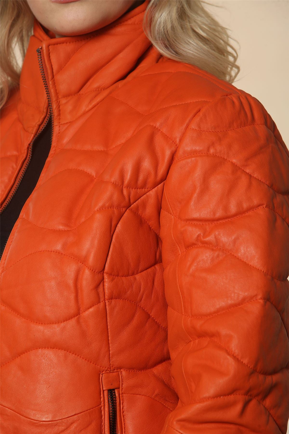 Women's Puffer Quilted Mid Length Leather Jacket