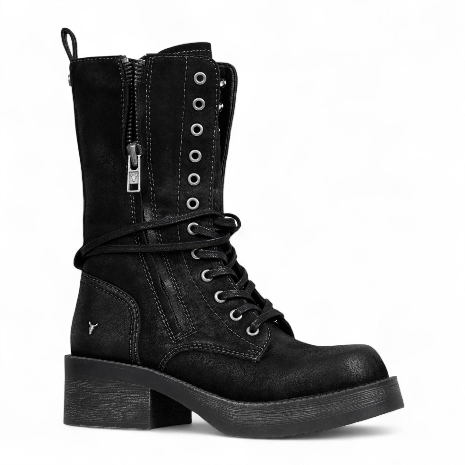 Gather - Women's Black Suede Mid-Calf Lace-Up Combat Boots