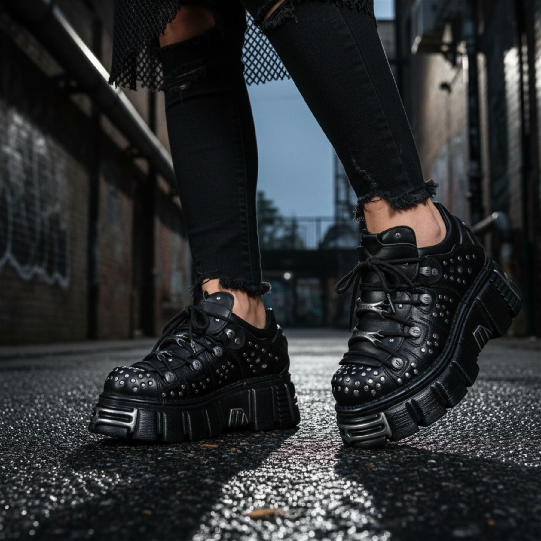 New Rock M-120NR-C1 Black Leather Platform Ankle Boots