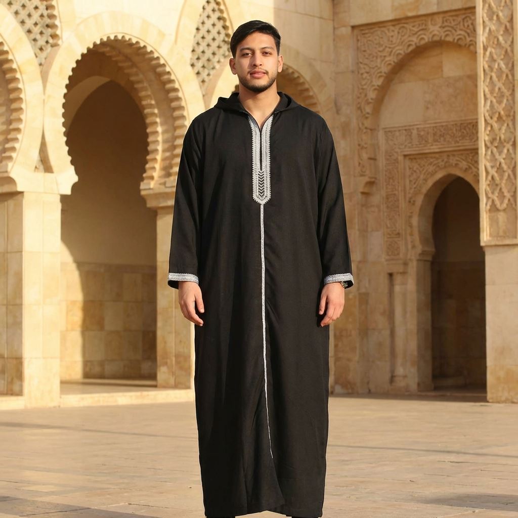 Men's Hooded Gandoura Embroidery Moroccan Thobe
