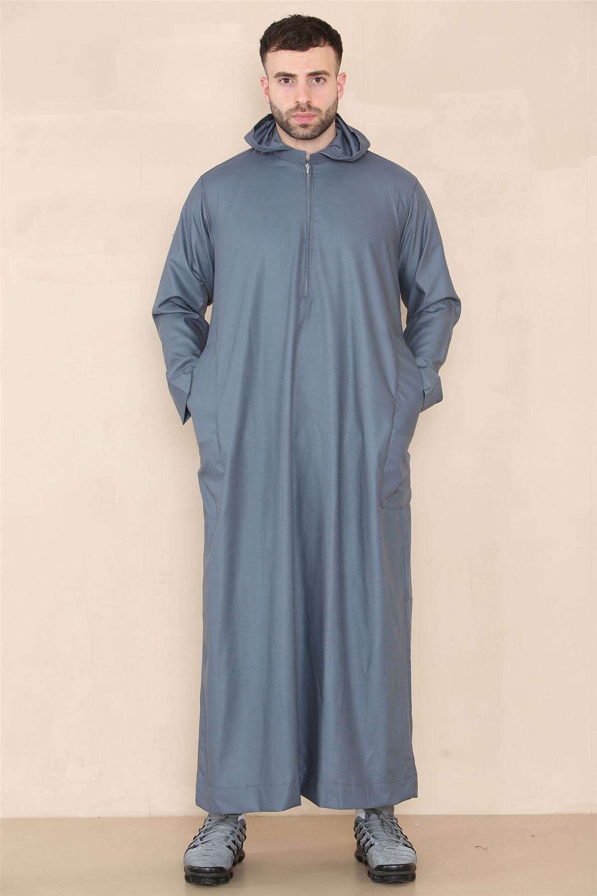 Mens Hooded Thobe Hood Jubba Nehru Stand Collar Islamic Clothing Muslim Kaftan Robe Saudi Slim Regular Fit