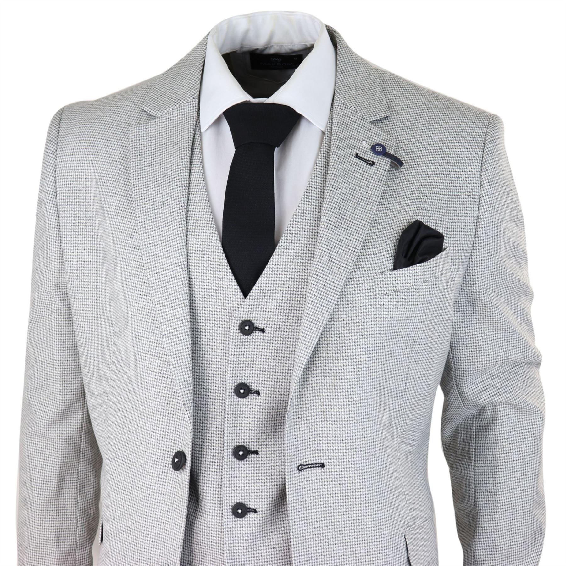 Mens 3 Piece Light Grey Black Check Suit Tailored Fit Retro Vintage Classic Smart - Knighthood Store