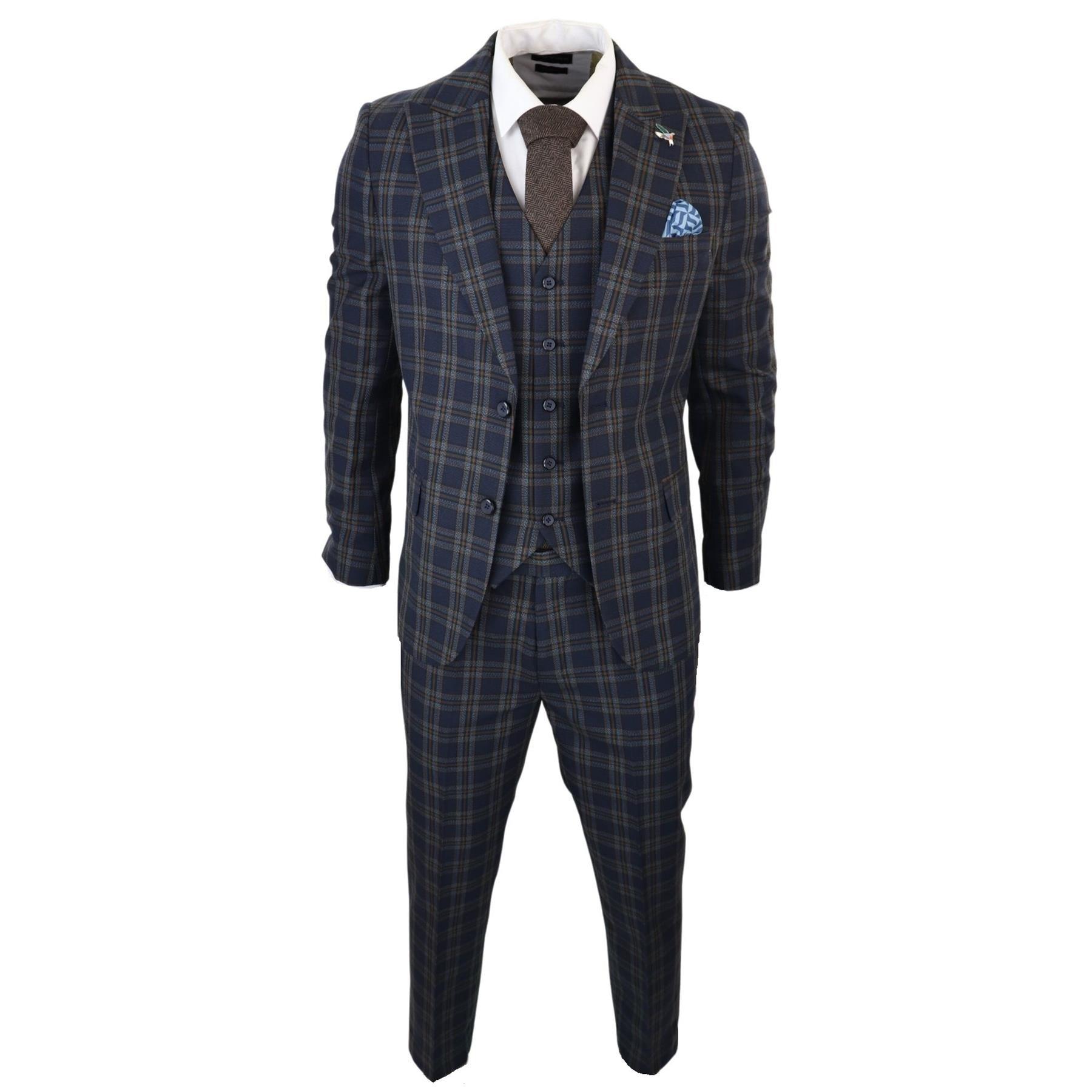 Men's Navy Blue 3 Piece Check Suit Formal Business Dress Suits - Knighthood Store