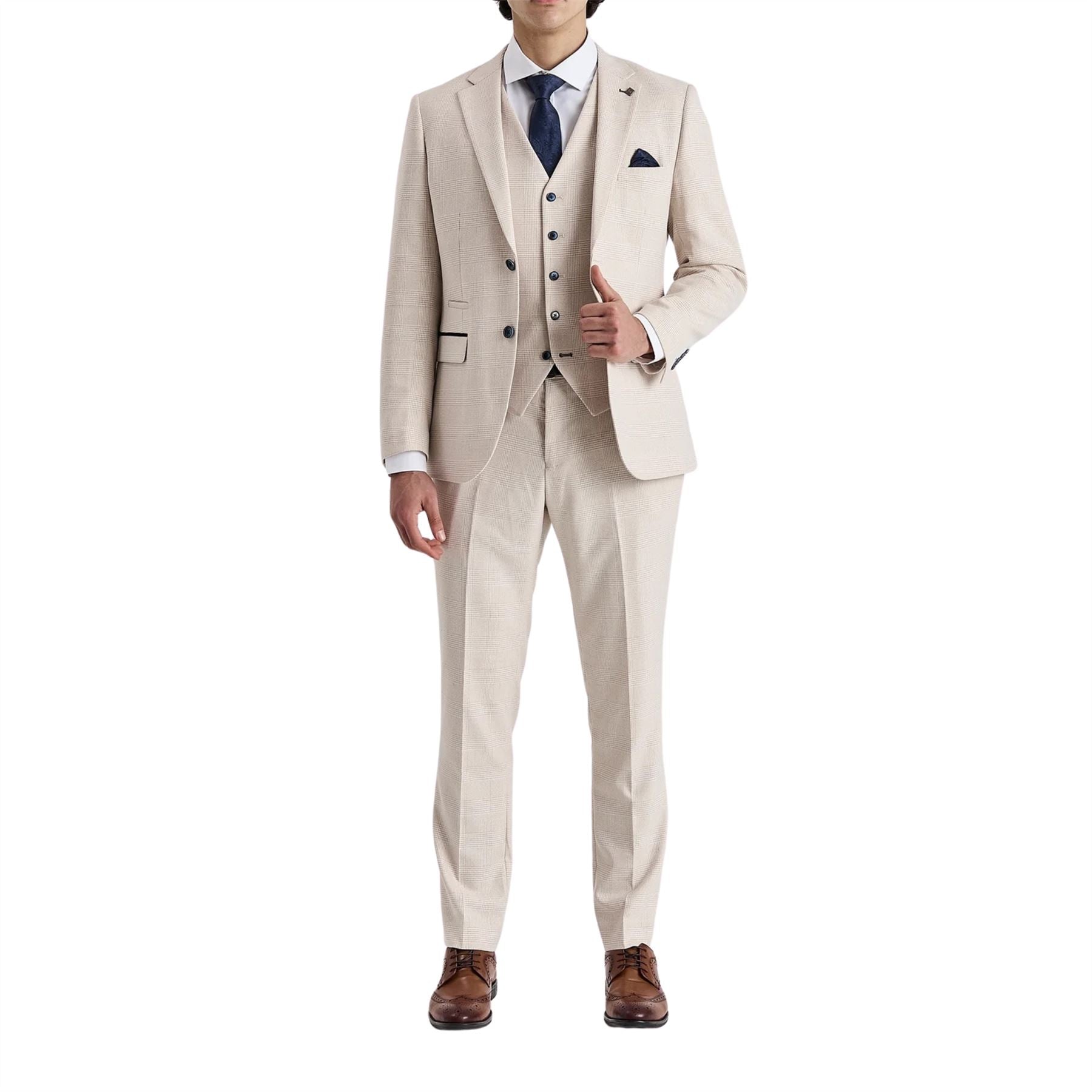 Regent - Men's Cream 3 Piece Checked Tailored Fit Suit