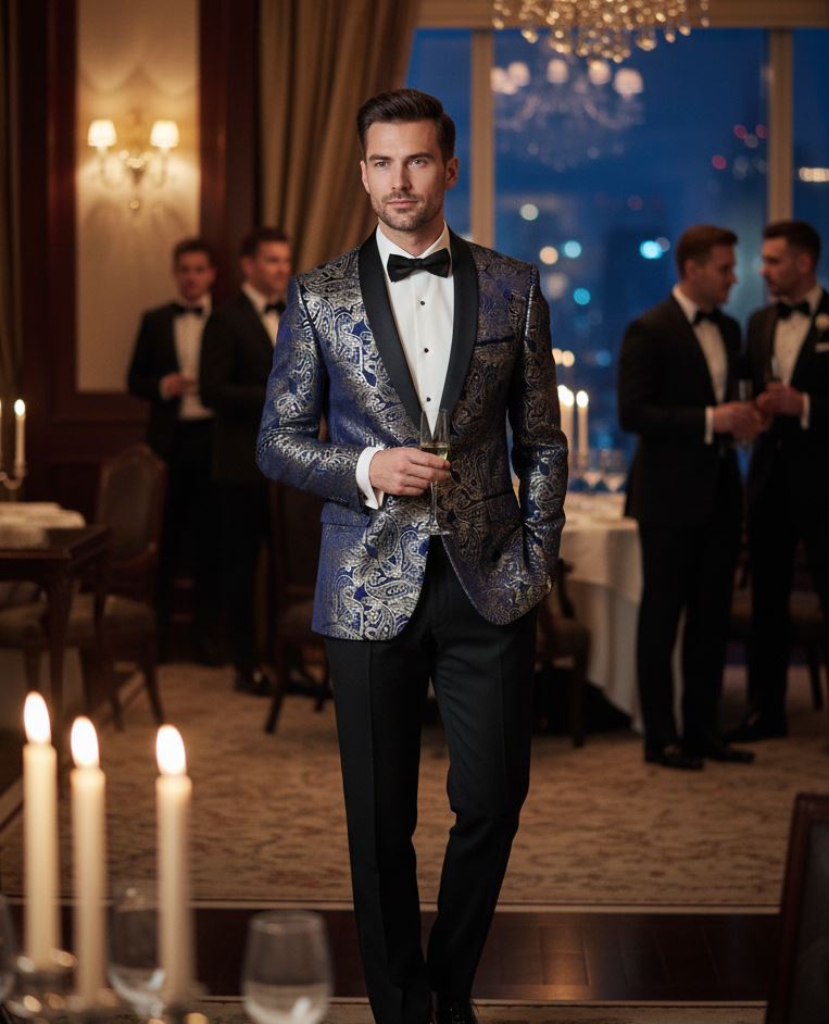 STZ63 - Mens Velvet Paisley Floral Blue Gold Tuxedo Blazer