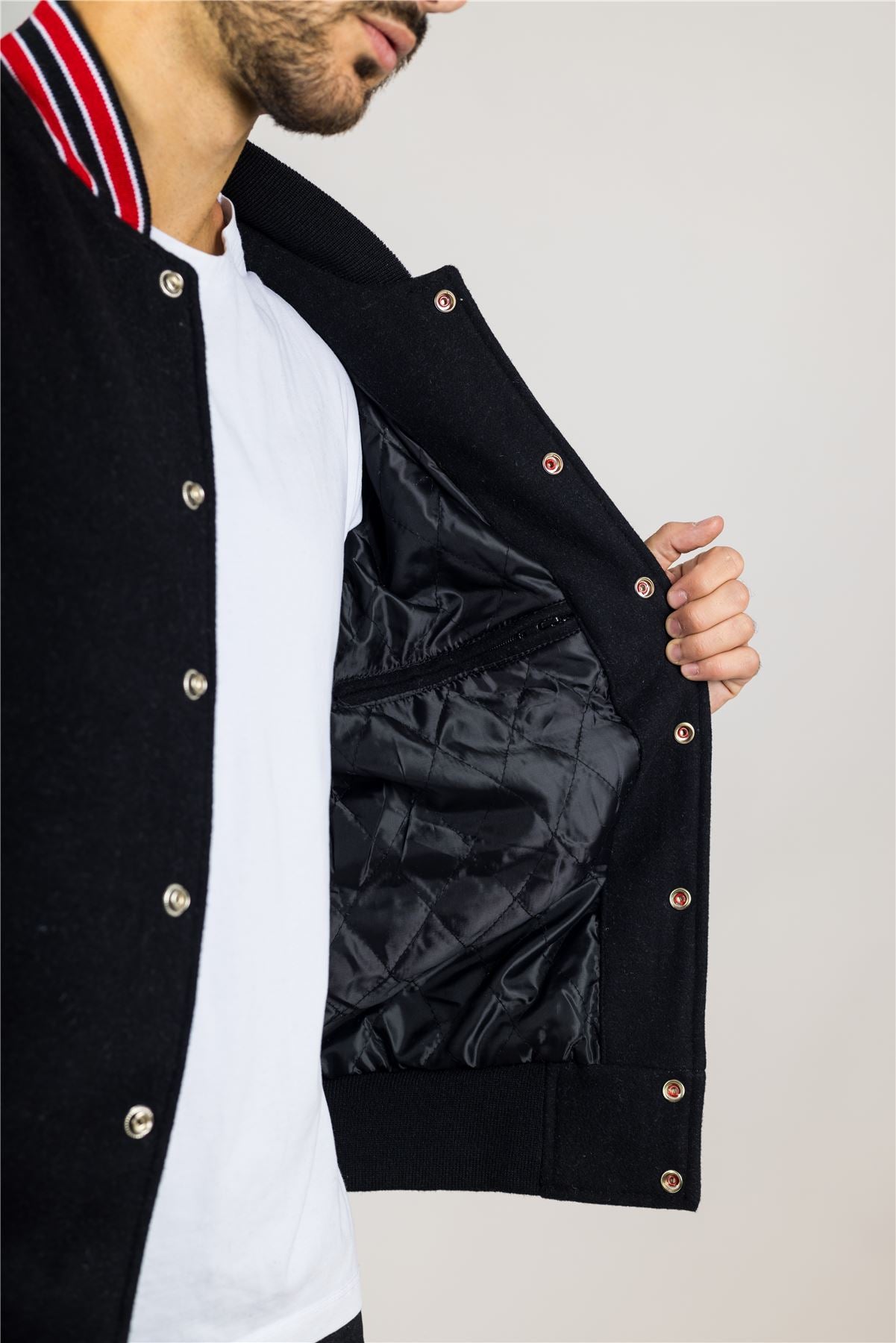 Men's Black Red Varsity Bomber Jacket Wool Body Real Leather Sleeves College Baseball Coat