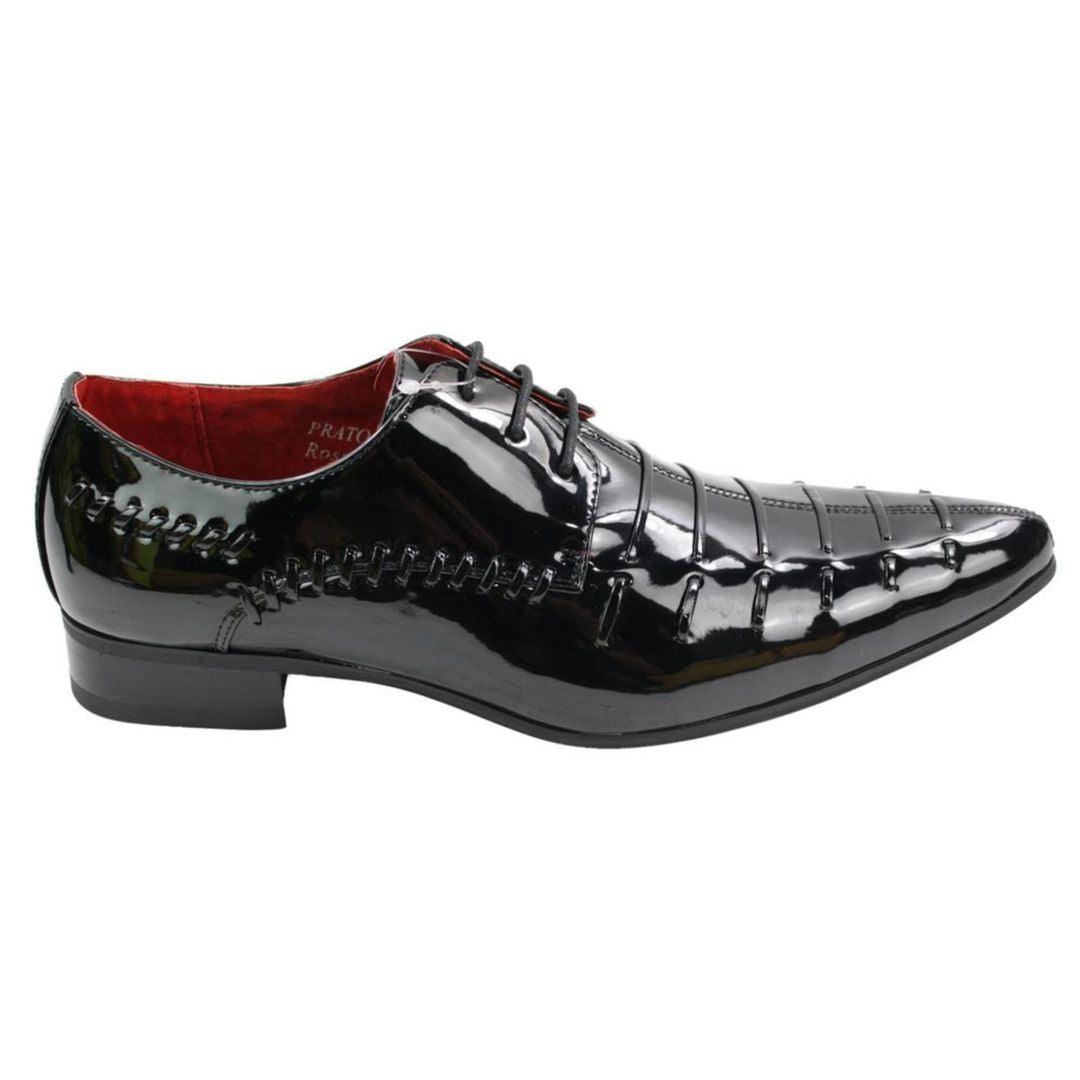 Mens Italian Design Black Red Laced Leather Shiny Patent Shoes Smart Casual - Knighthood Store