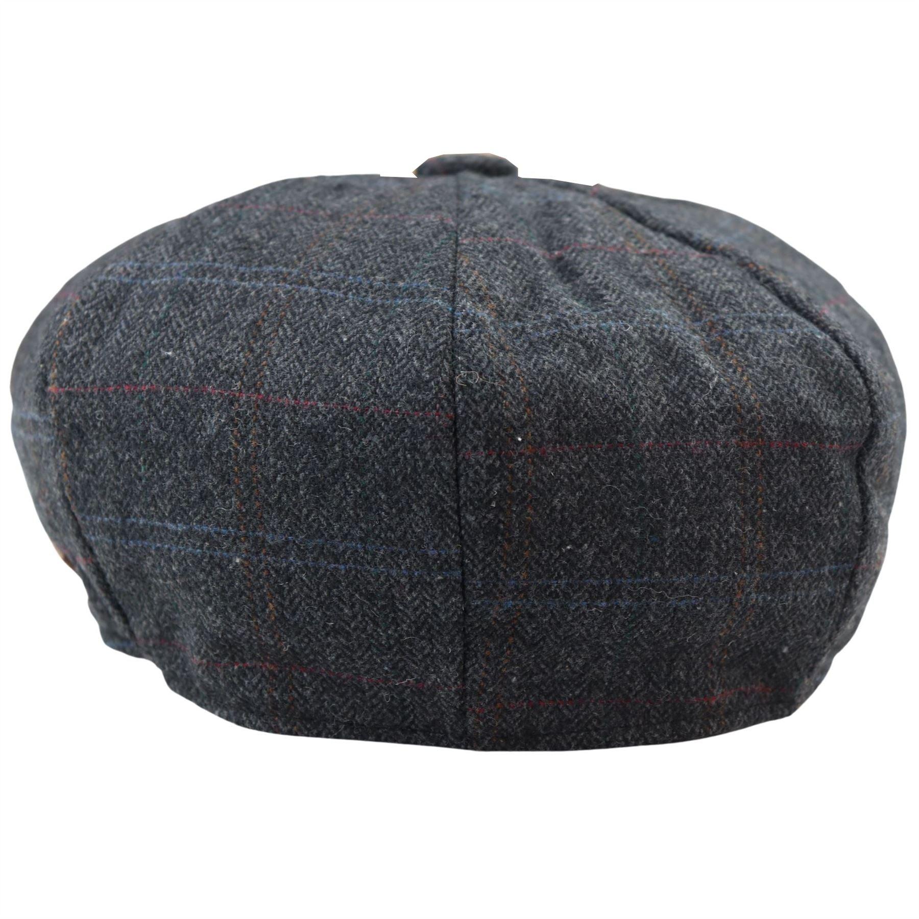 Mens 8 Panel Razor Baker Boy Hat Wool Tweed Blinders Newsboy Flat Cap Blue Check Charcoal - Knighthood Store