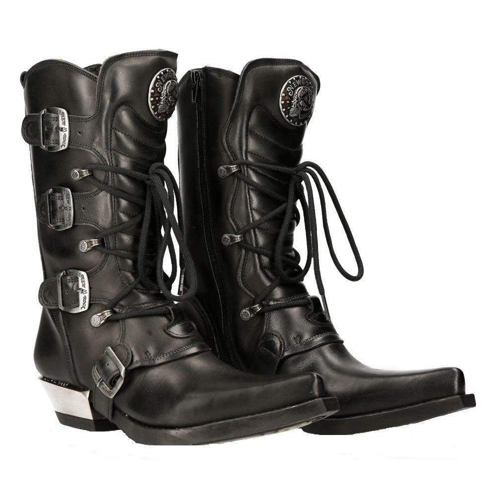 New Rock M-7993-s1 Western Cowboy Boots Black Leather Buckle Heavy Biker Shoes - Knighthood Store