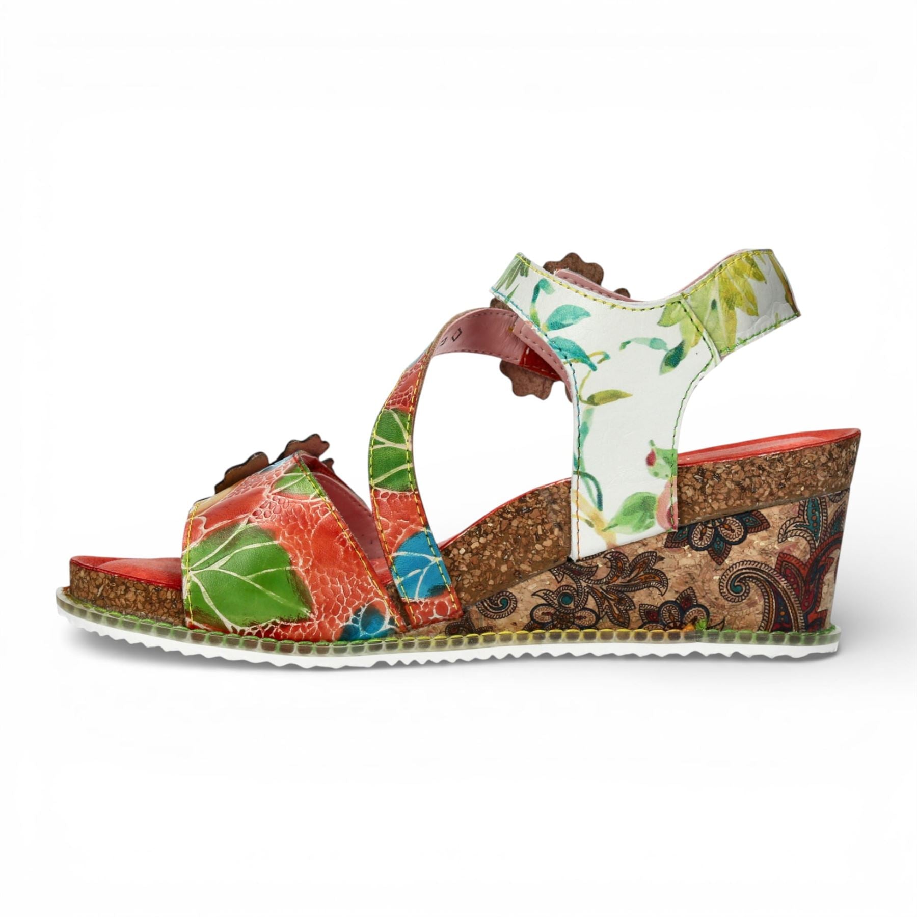 Bonito 32 - Women's Orange Floral Leather Wedge Sandals