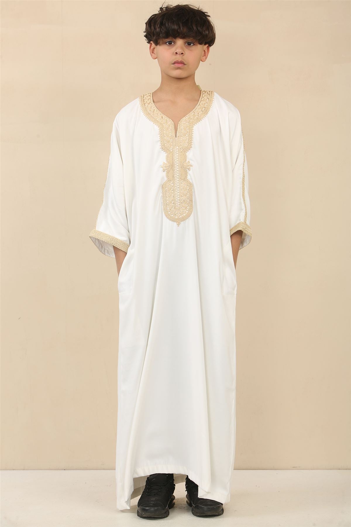 Boys Moroccan Thobe Short Sleeve Gandoura Embroidery Kaftan Jubba