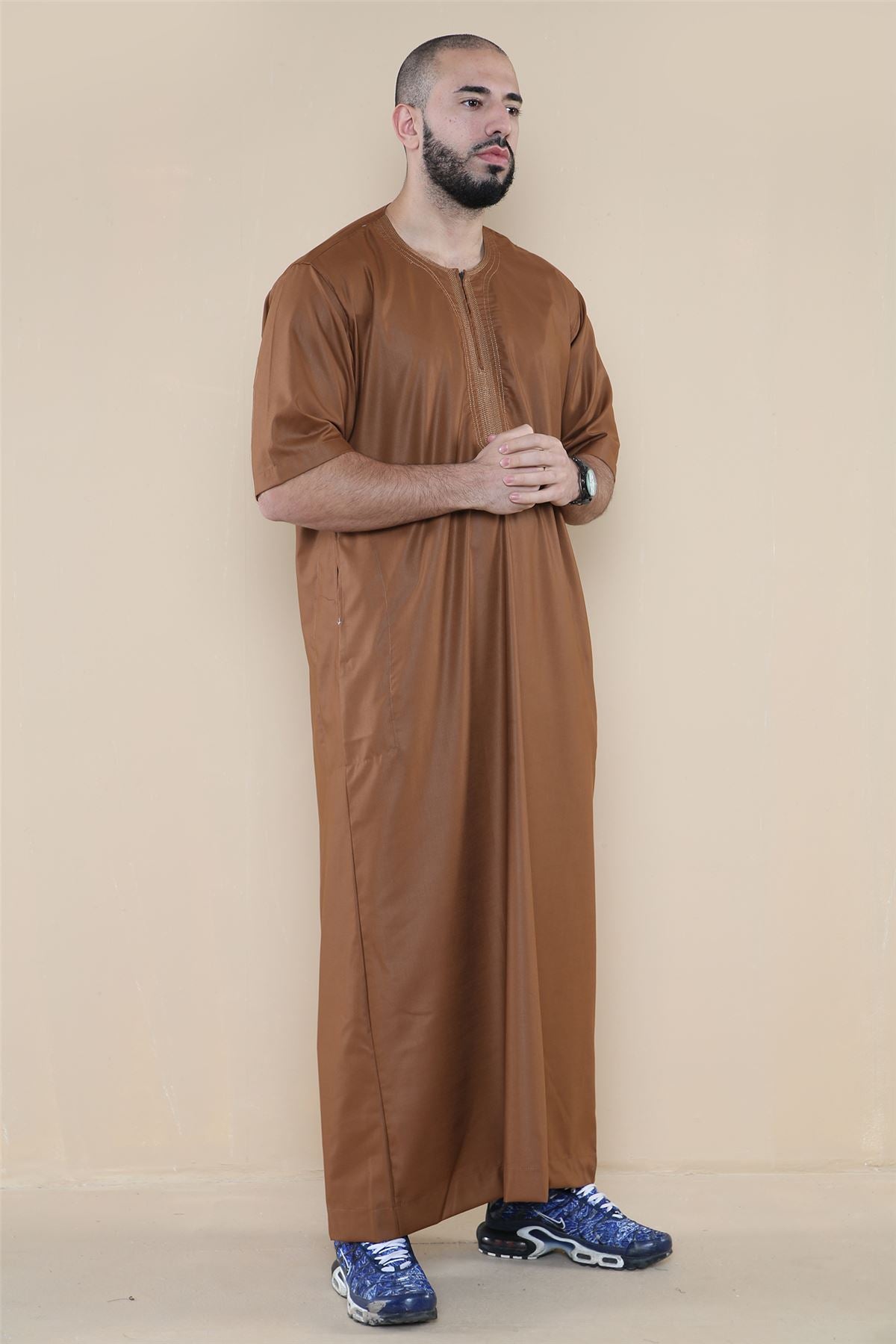Mens Thobe Jubba Islamic Clothing Kaftan Half Sleeve Robe Moroccan Arab Zipped