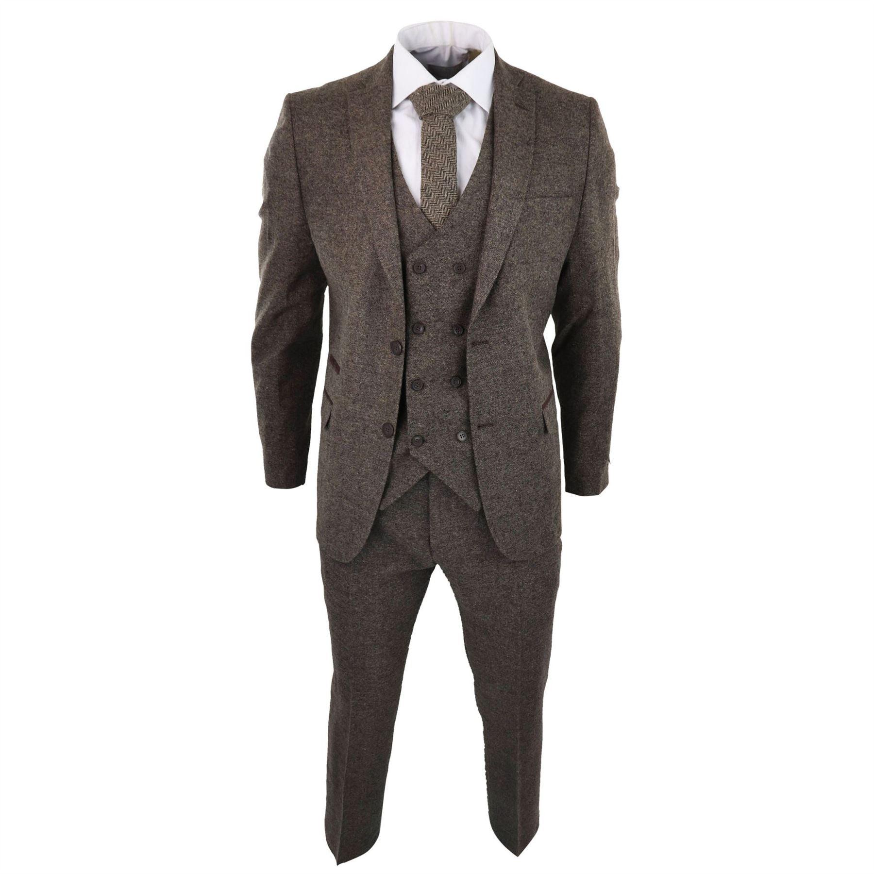 Mens Wool 3 Piece Suit Double Breast Waistcoat Tweed Blinders Classic 1920s Oak - Knighthood Store