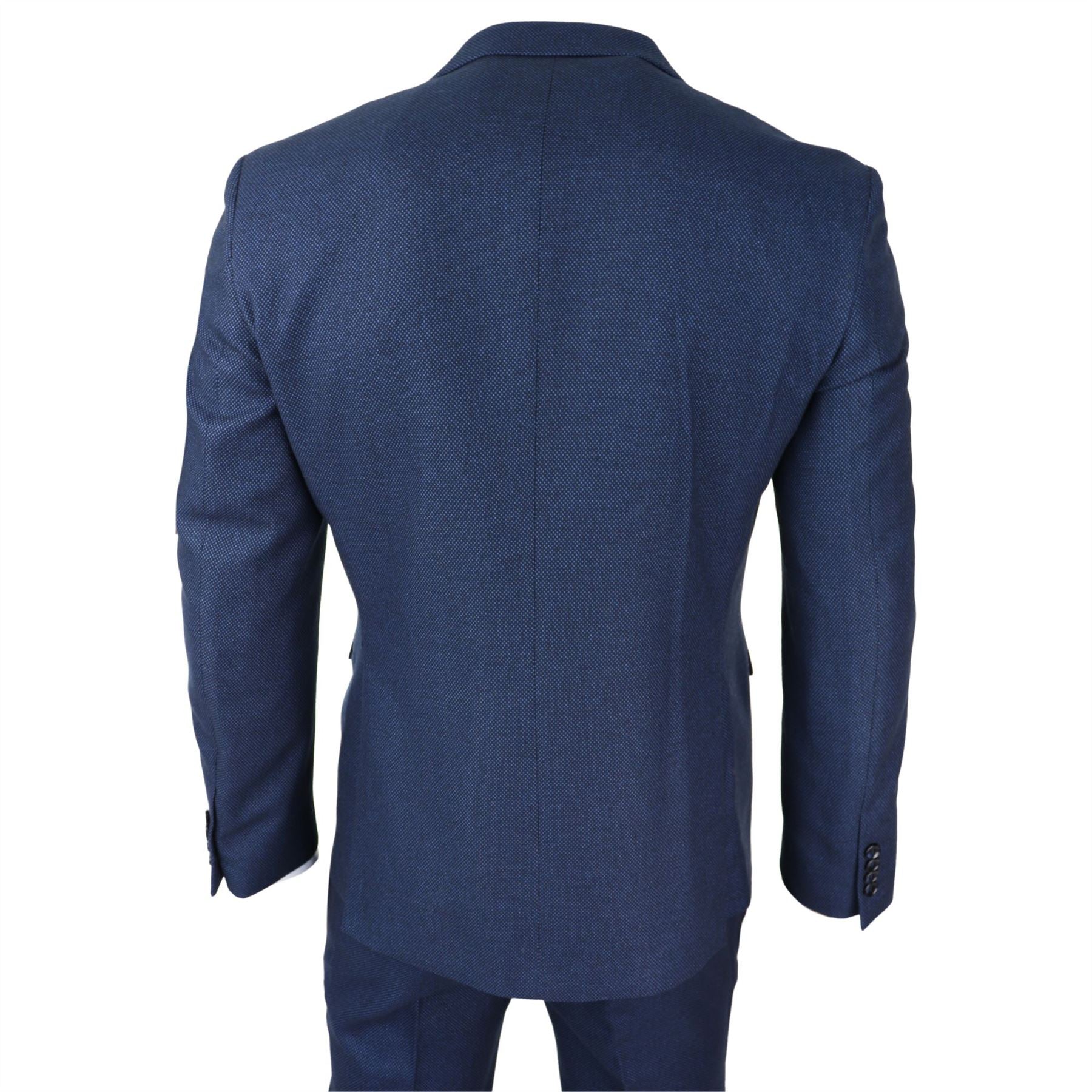 Mens Navy Blue 3 Piece Suit Birdseye Suit Wedding Prom Formal Smart Classic