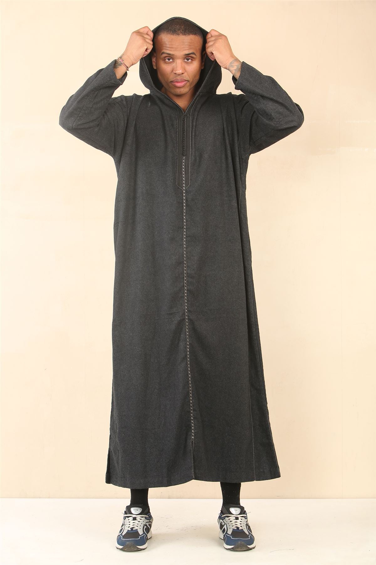 Men's Moroccan Thobe Hooded Djellaba Jubba Islamic Clothing Kaftan Eid Robe Arab Warm Coat