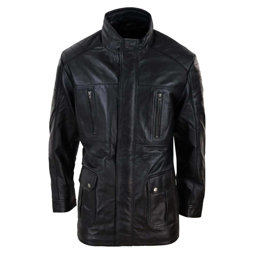 Mens 3/4 Real Leather Jacket Safari Black Brown Zipped Winter Shooting - Knighthood Store